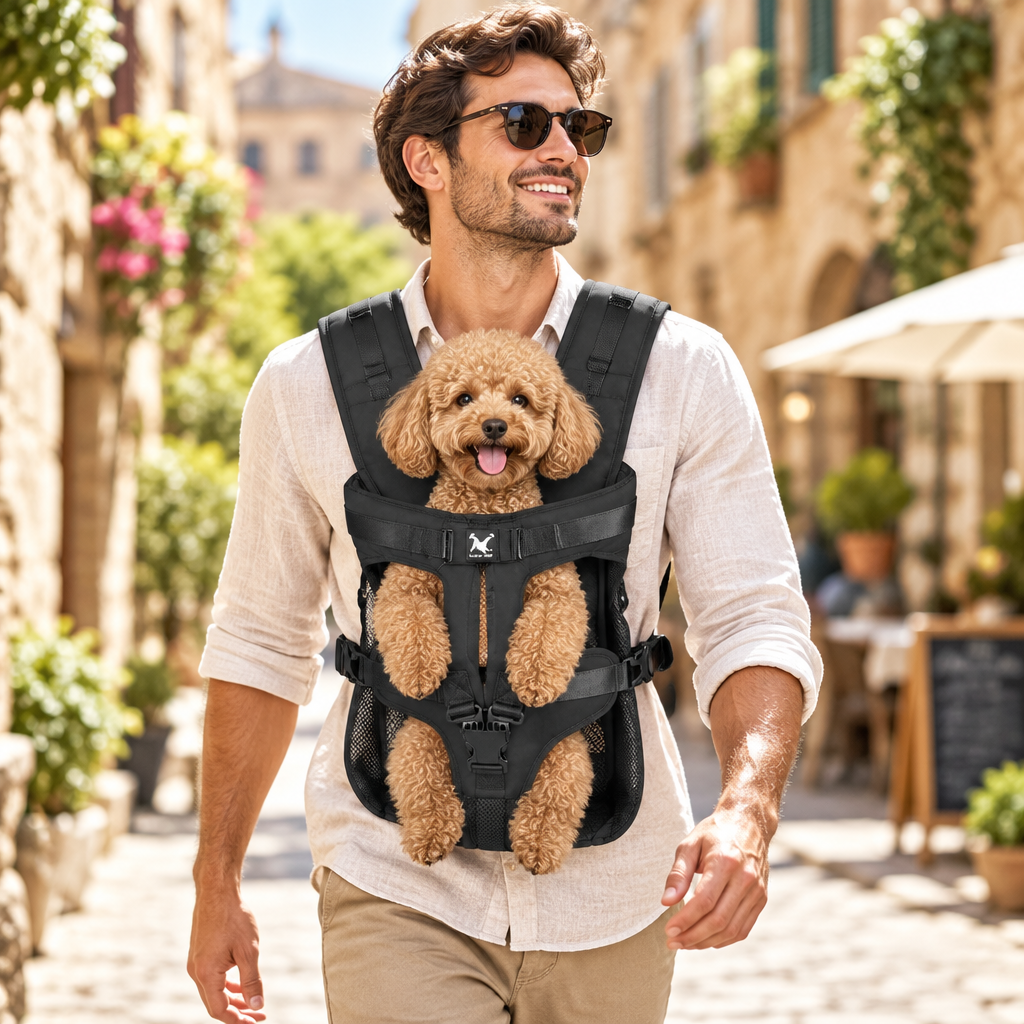 Black carrier - man walking through an old town with a small dog in the black carrier