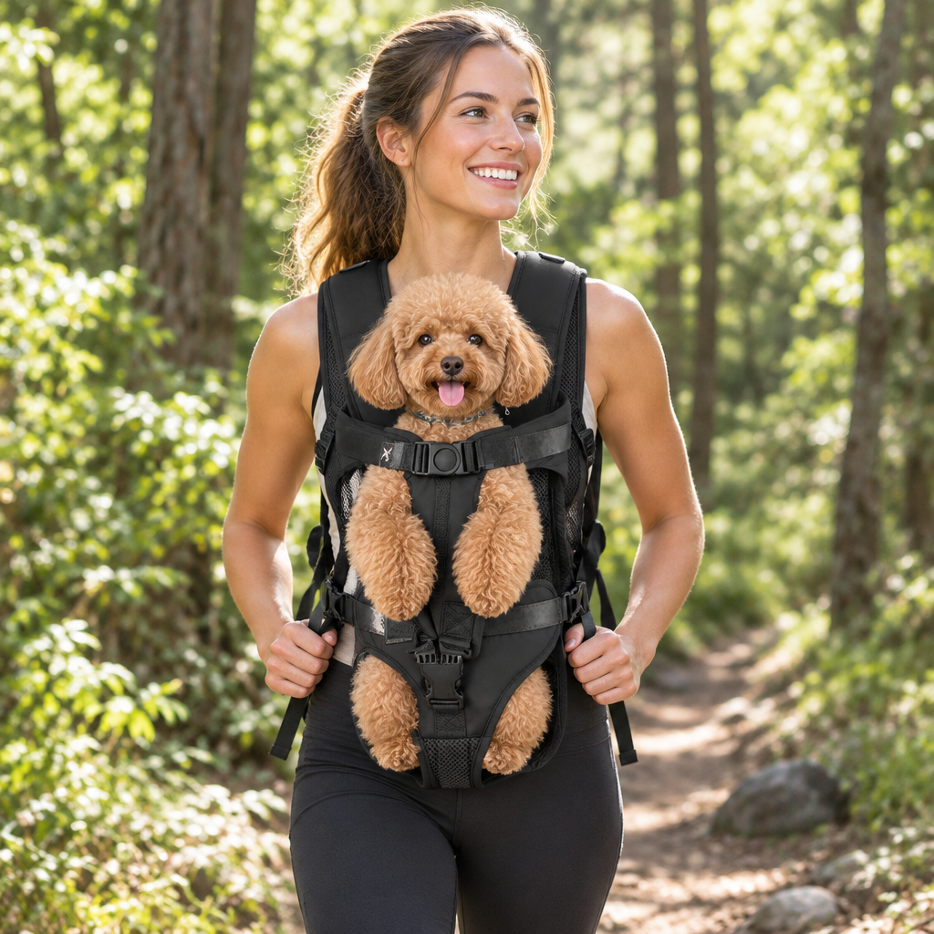 Black carrier - woman hiking with a small dog in the black carrier