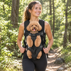 Black carrier - woman hiking with a small dog in the black carrier