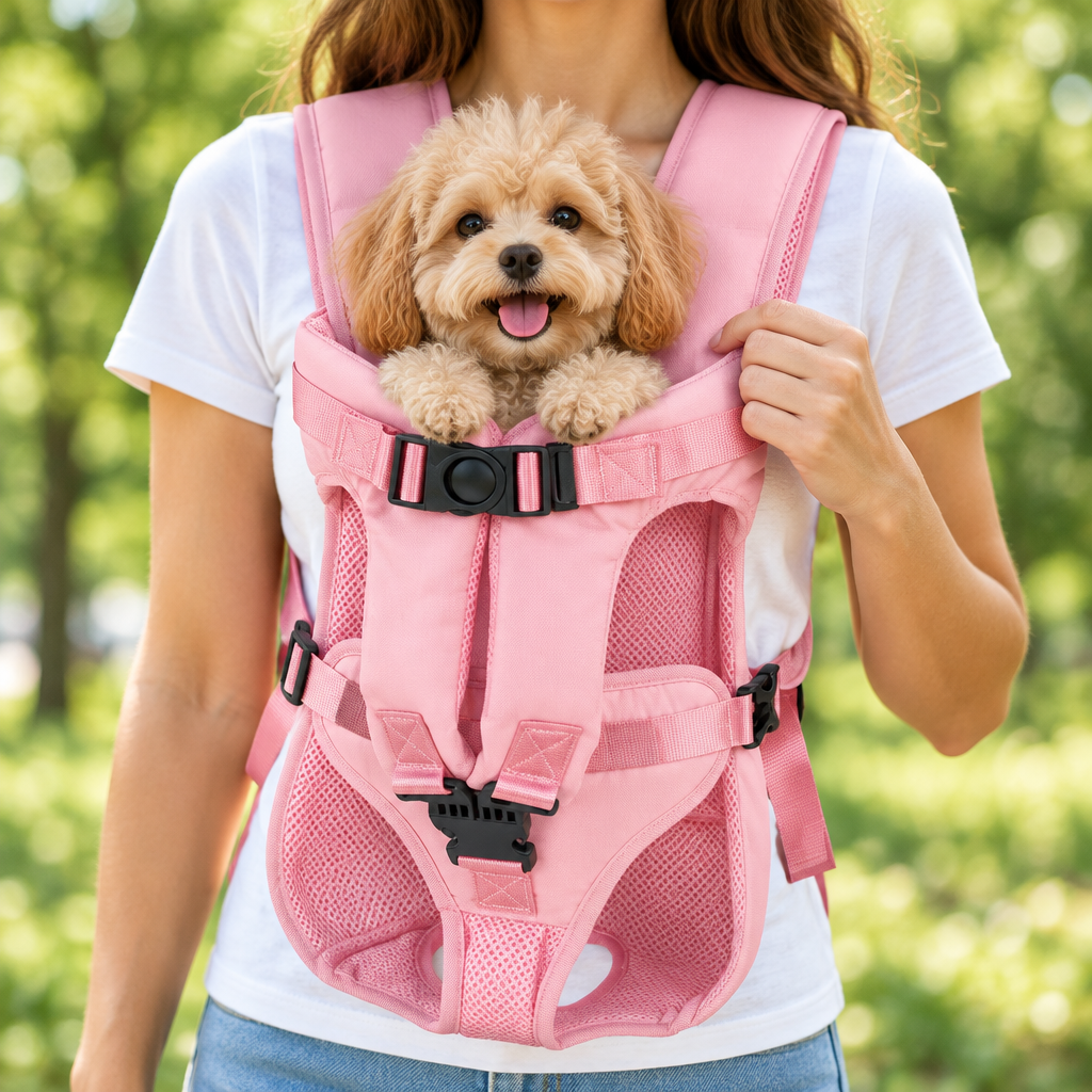 Pink carrier - close-up of the one-piece buckle and adjustable straps
