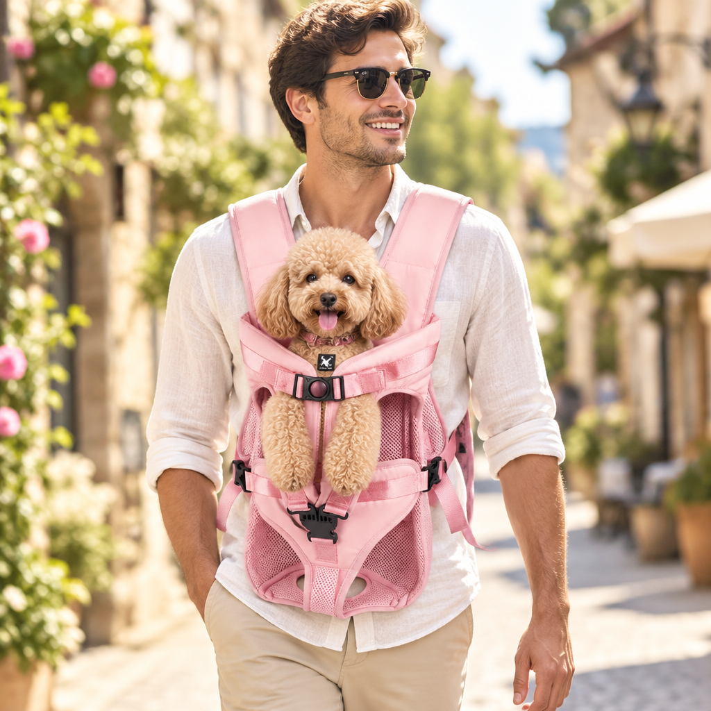 Pink carrier - man walking through an old town with a small dog in the pink carrier