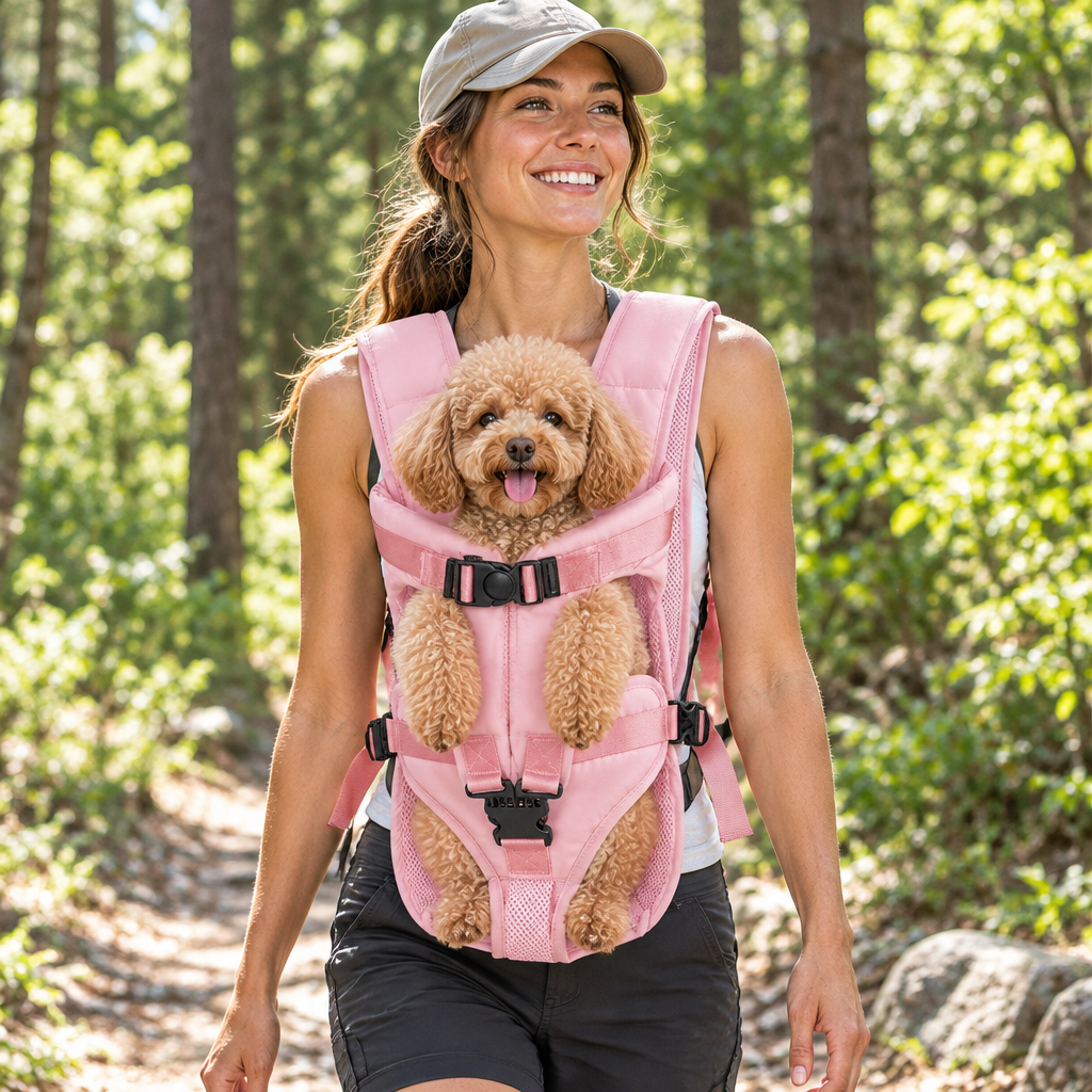 Pink carrier - woman hiking with a small dog in the pink carrier