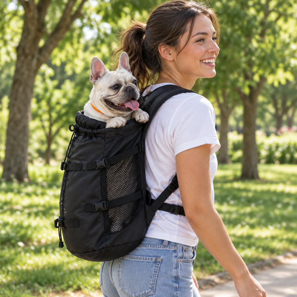 Black backpack - woman walking in a park with a French bulldog in the black backpack