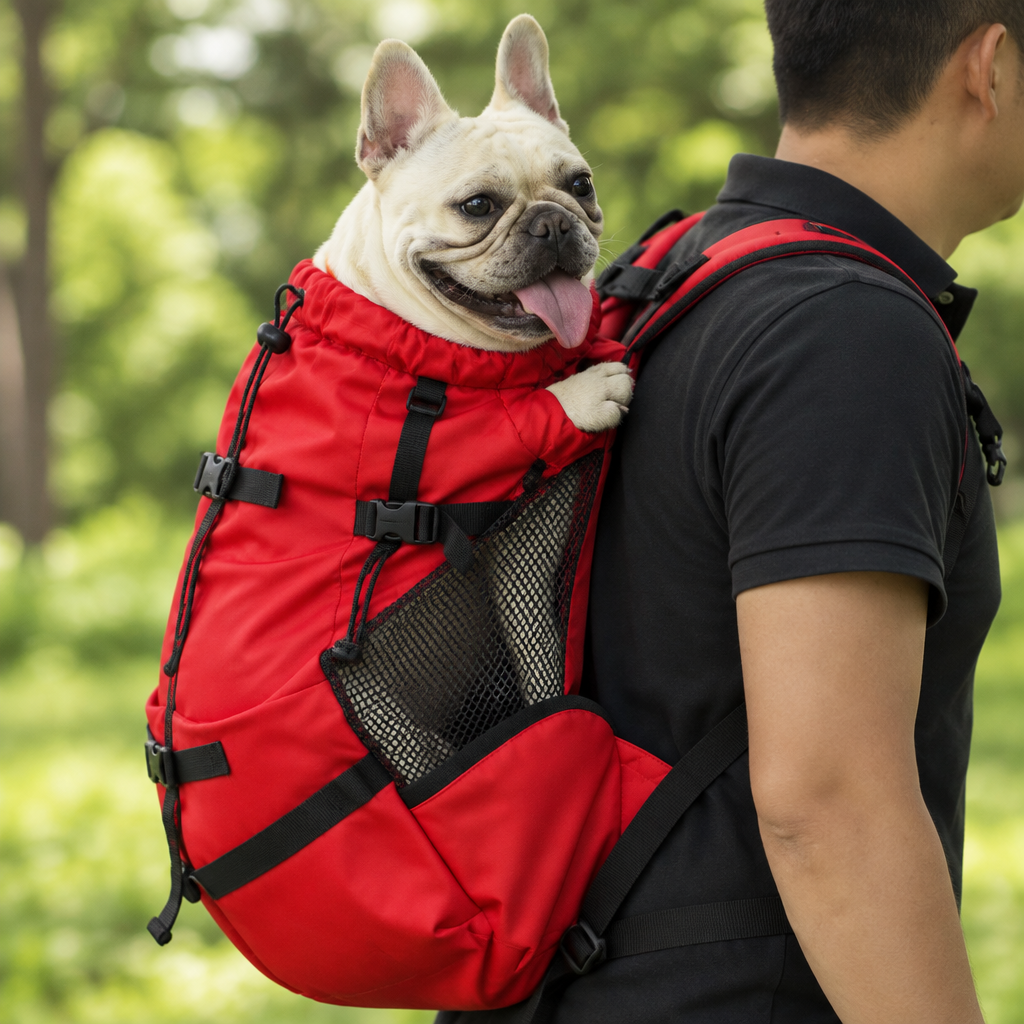 Red backpack - close-up of the mesh side panel and front buckle strap