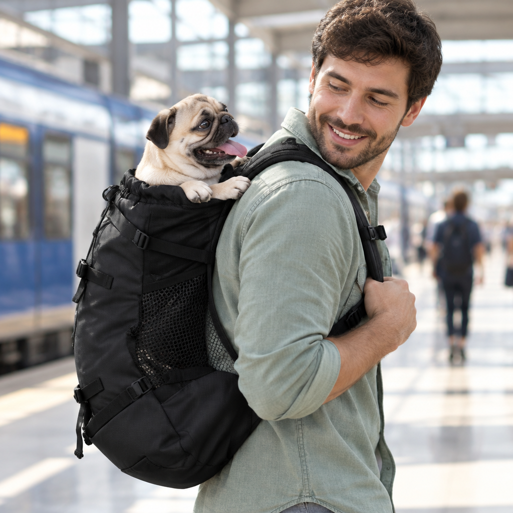 Black backpack - man commuting through a train station with a pug in the black backpack
