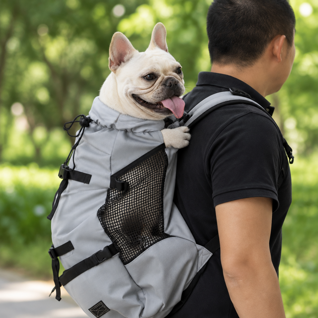 Grey backpack - close-up of the mesh side panel and front buckle strap