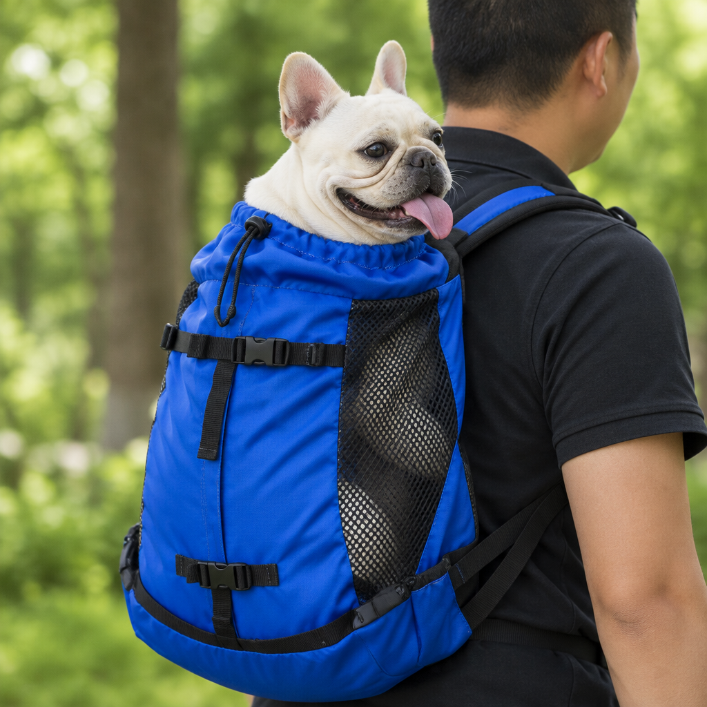 Blue backpack - close-up of the mesh side panel and front buckle strap