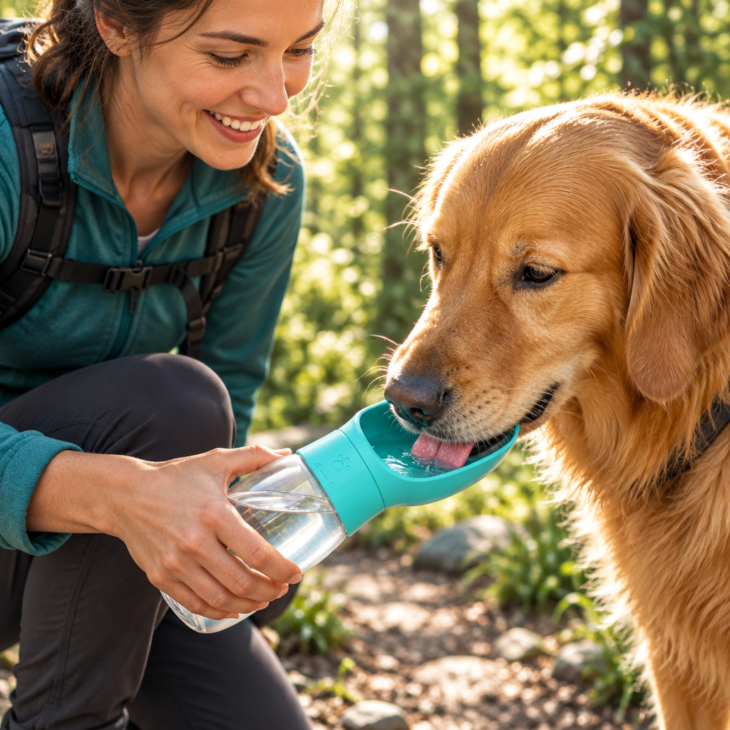 Golden retriever drinking from the turquoise pet water bottle on a hike