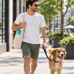 Turquoise pet water bottle in a tote bag pocket on a city walk
