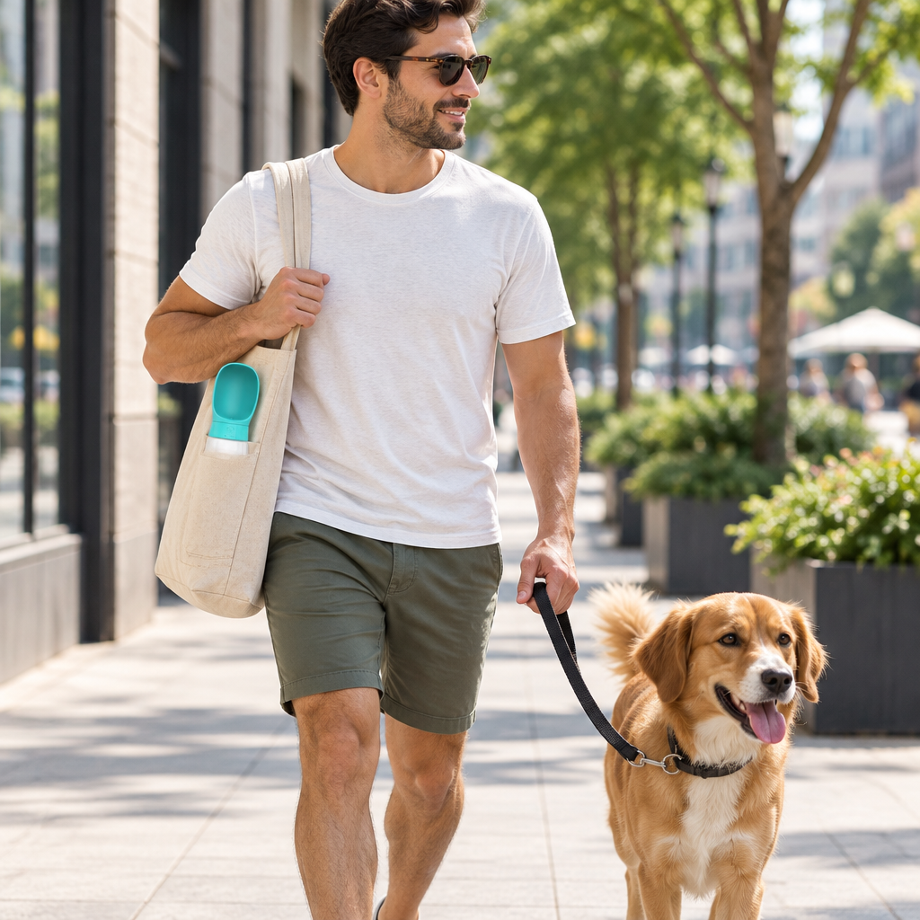 Turquoise pet water bottle in a tote bag pocket on a city walk