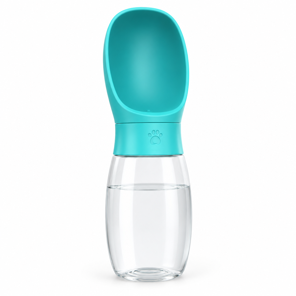 Turquoise portable pet water bottle with built-in drinking scoop