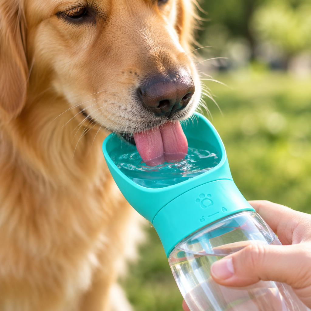 Close-up of a dog drinking from the scoop of the turquoise pet water bottle