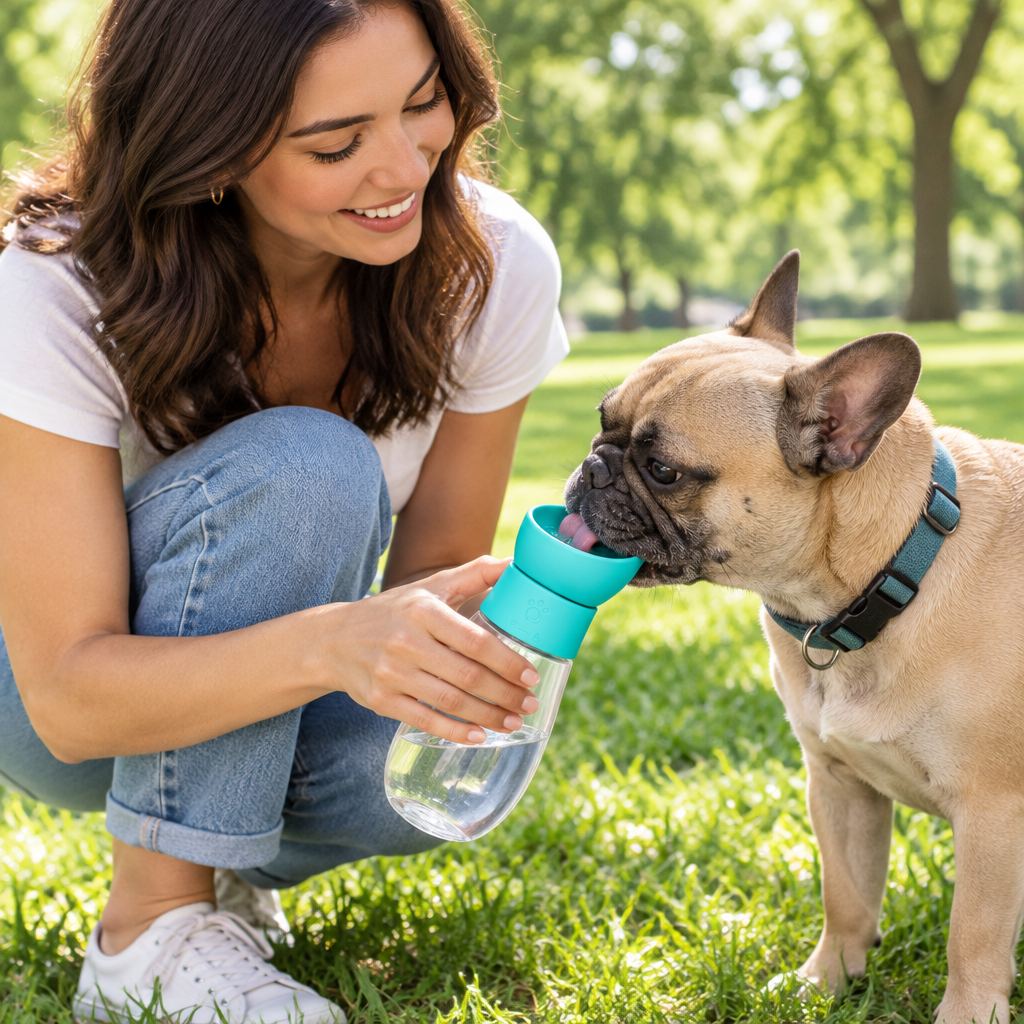 French bulldog drinking from the turquoise pet water bottle in a park