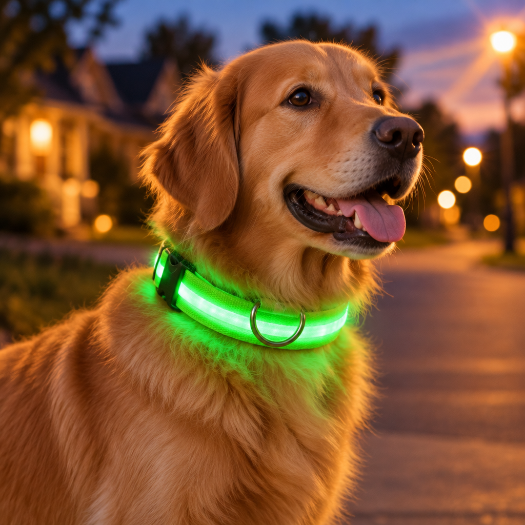 Green - Golden retriever wearing the green LED glowing dog collar on an evening walk