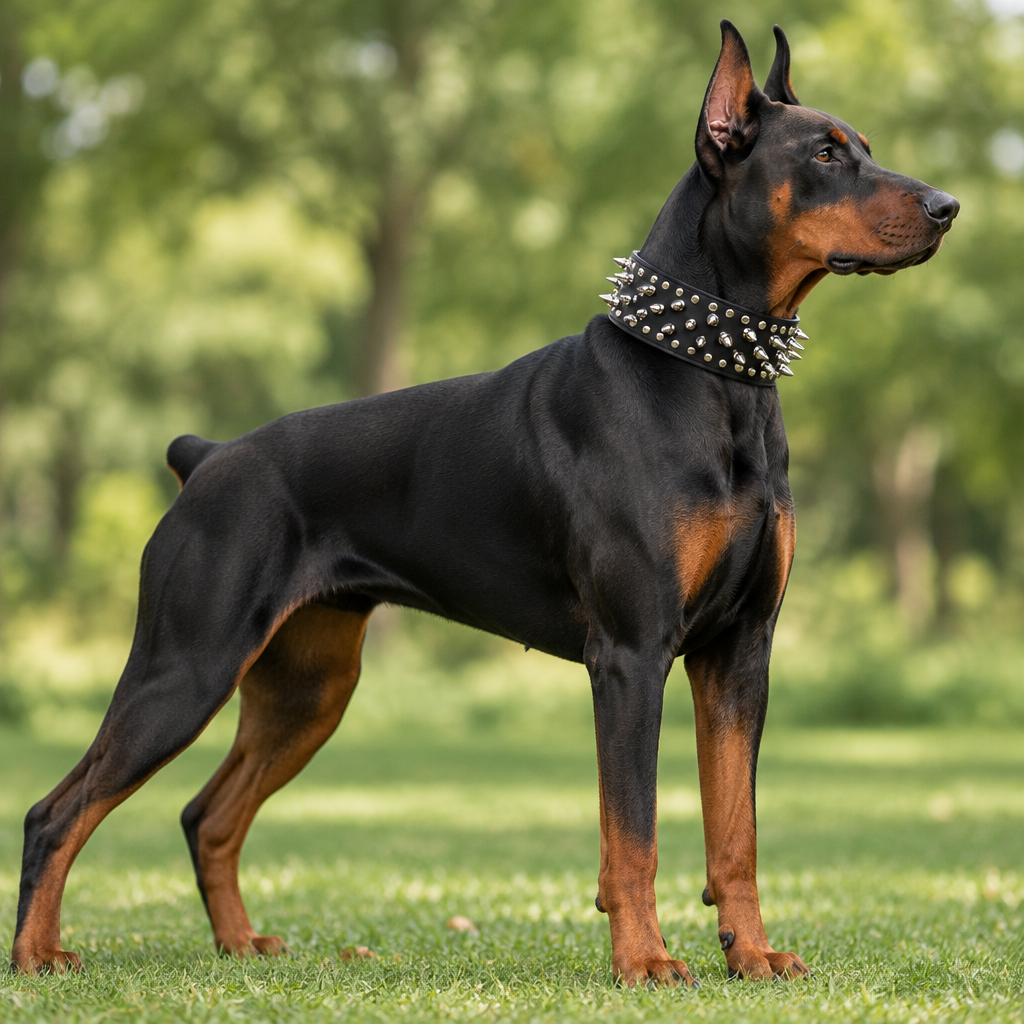 Black - Doberman wearing the wide black spiked collar in a park