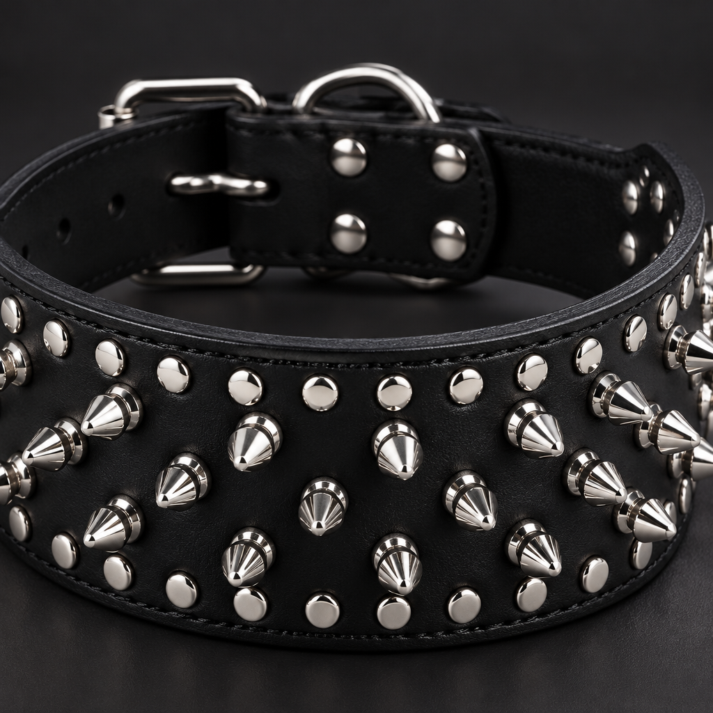 Black - Close-up of the spikes, rivets and double-pin buckle