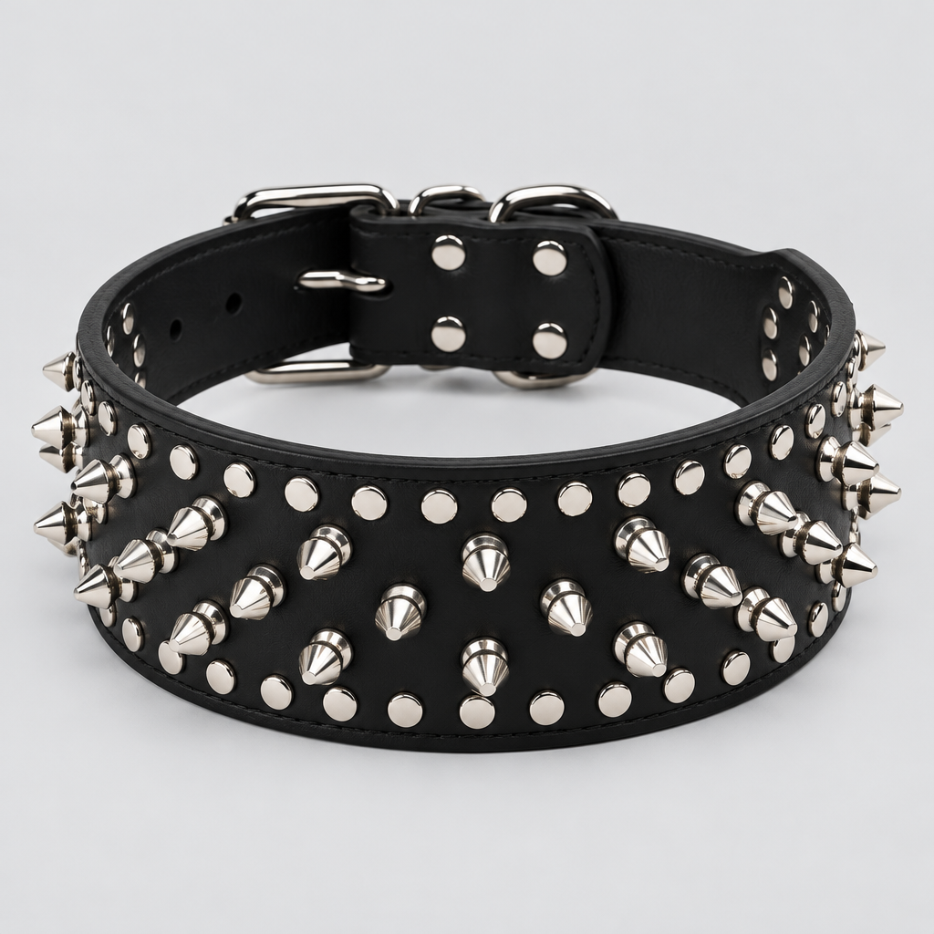 Black spiked PU leather collar for large dogs