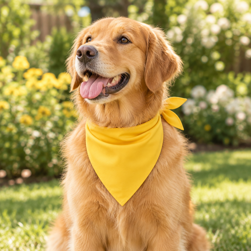 Golden retriever sitting in a sunny garden wearing a yellow dog bandana