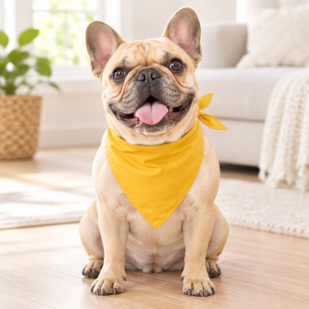French bulldog wearing a yellow dog bandana indoors