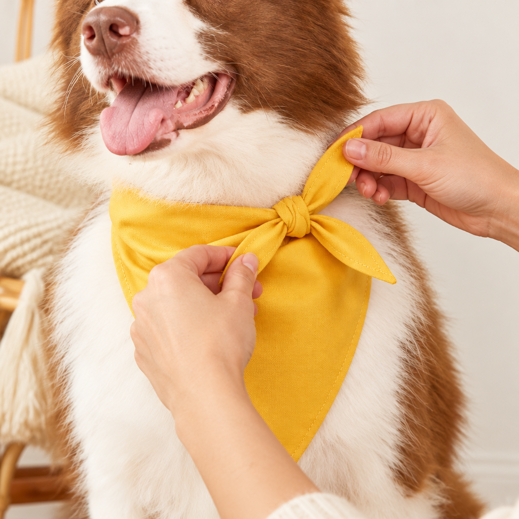 Owner tying a yellow bandana around a dog's neck