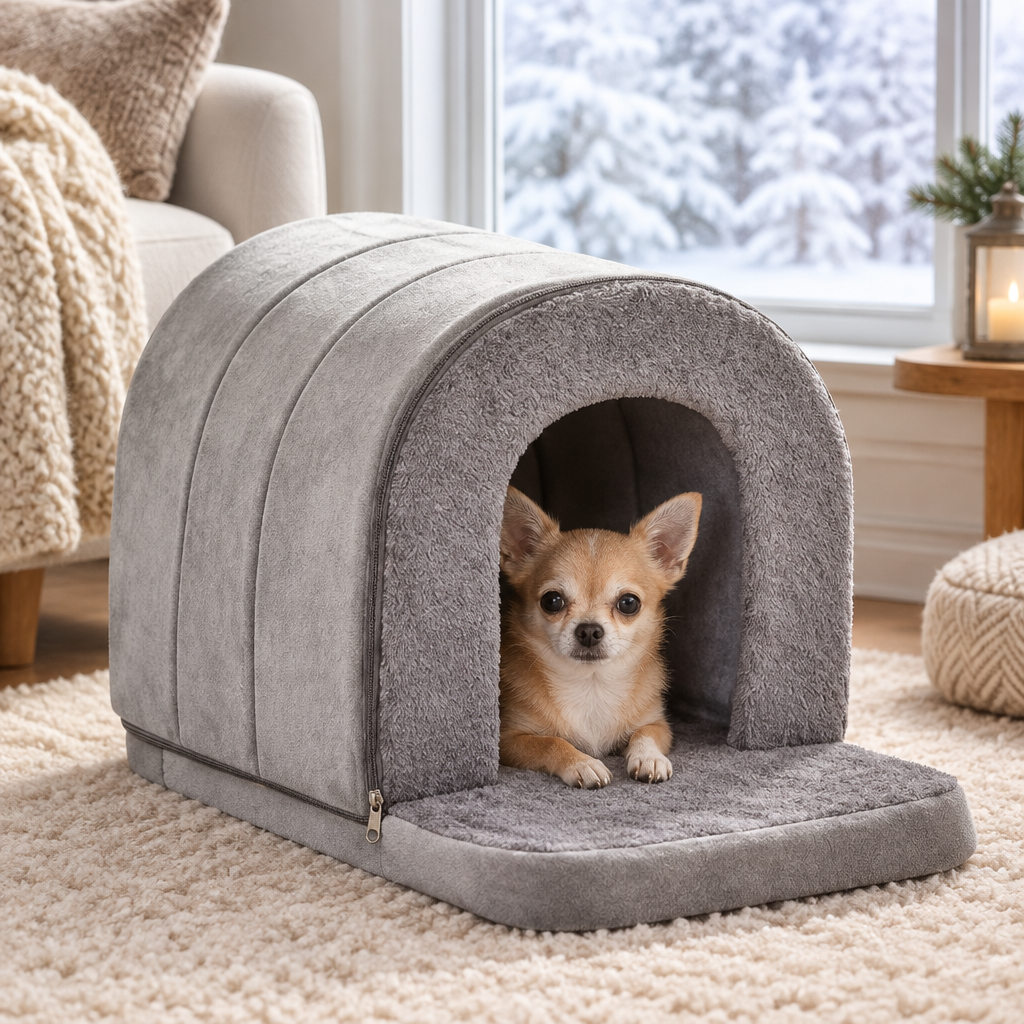 Small dog snuggled inside the grey cave pet house