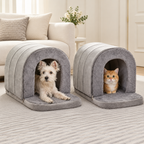 Dog and cat each in their own grey cave pet house