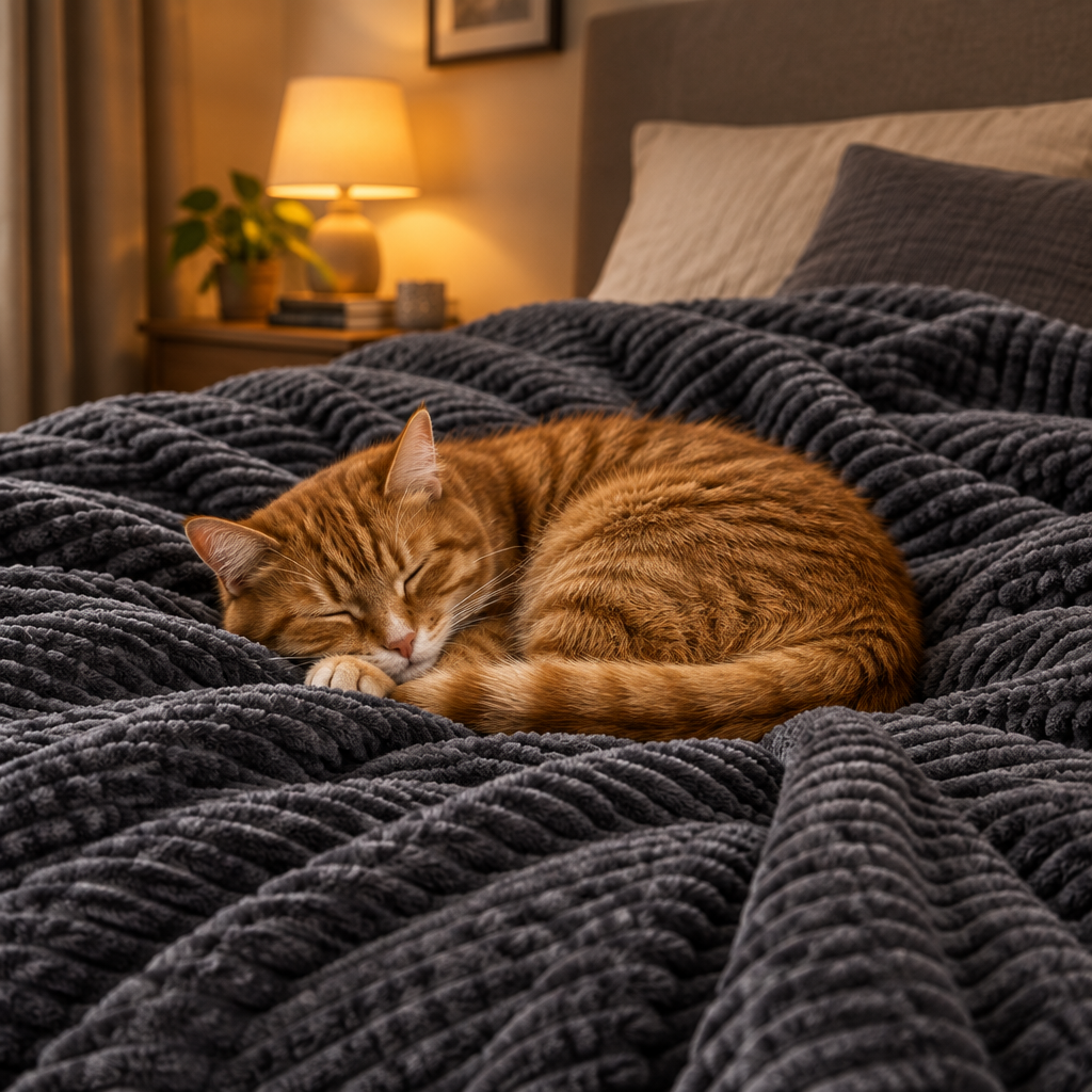 Grey - ginger cat asleep on a bed under the grey ribbed pet blanket