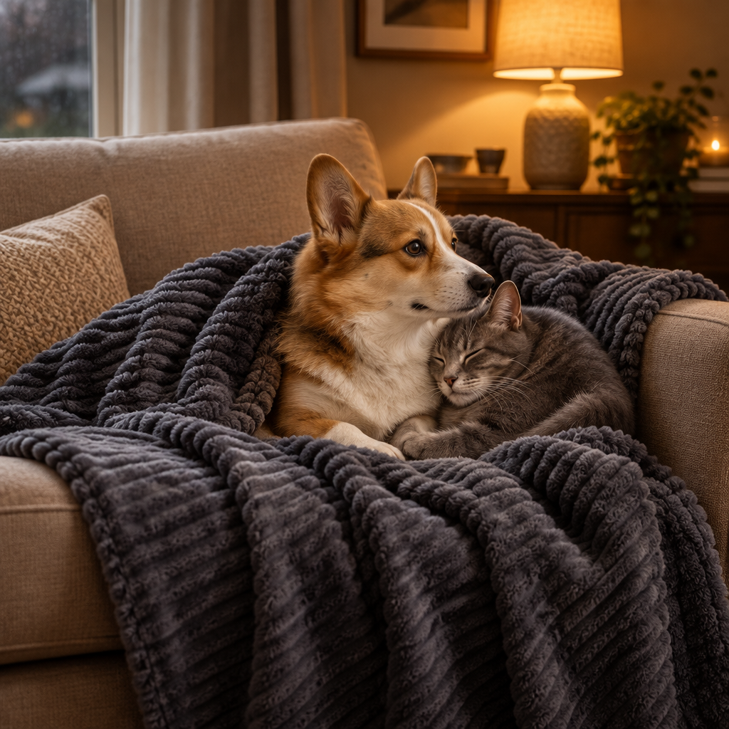 Grey - small dog and cat snuggled together on the grey ribbed pet blanket