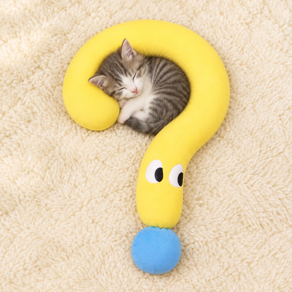 Kitten curled up asleep in the curve of the yellow plush pet pillow