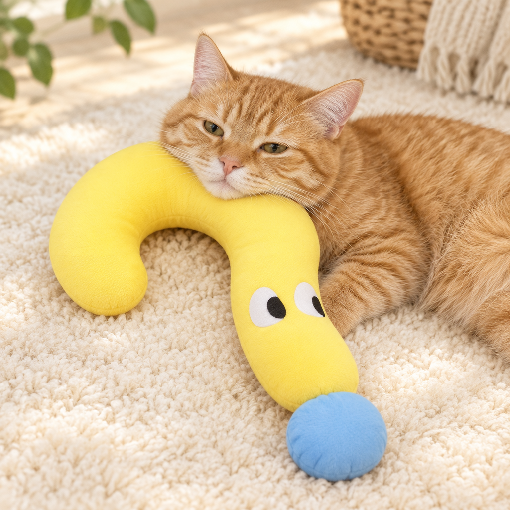 Ginger cat resting its chin on the yellow plush pet pillow