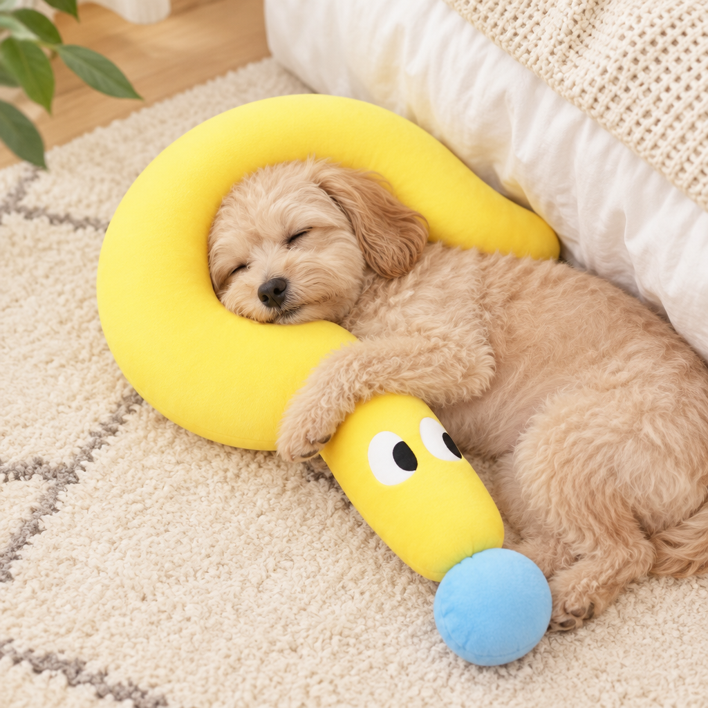 Small dog sleeping with its head on the yellow plush pet pillow
