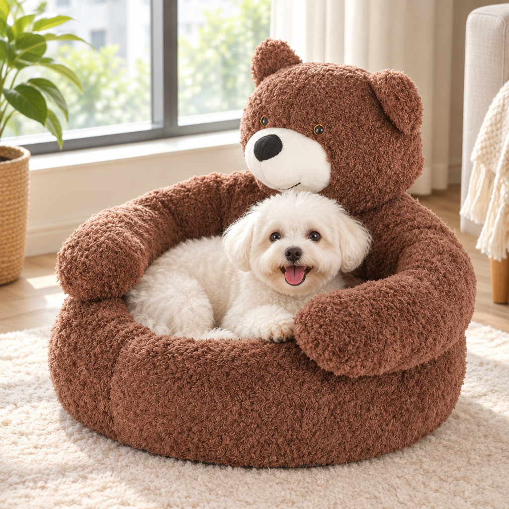 Brown - small white dog resting in the brown teddy bear pet bed