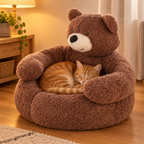 Brown - ginger cat asleep in the brown teddy bear pet bed