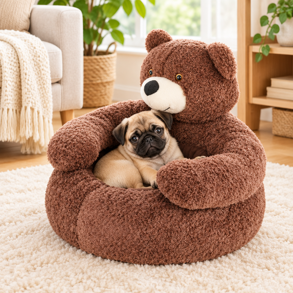 Brown - pug puppy snuggled in the brown teddy bear pet bed