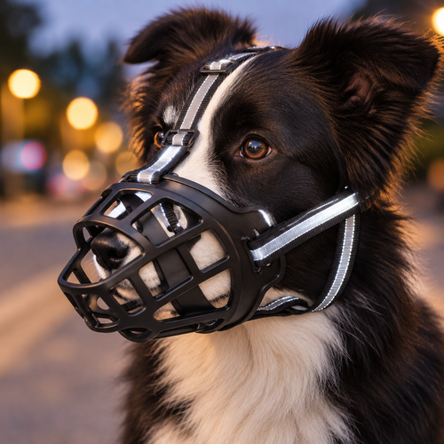 Border collie wearing the black dog muzzle with reflective strap at dusk