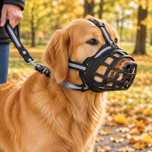 Golden retriever wearing the black adjustable dog muzzle on an autumn walk