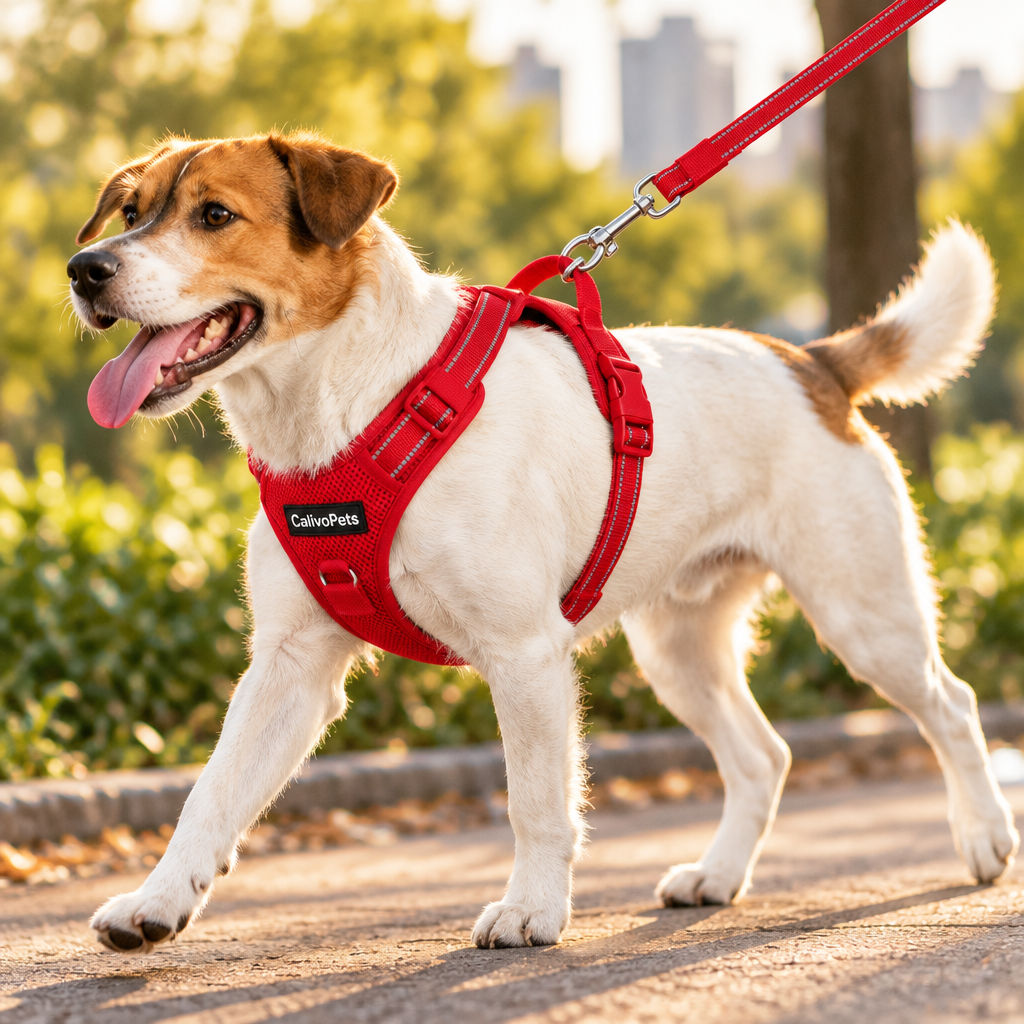 Red - dog walking in the harness