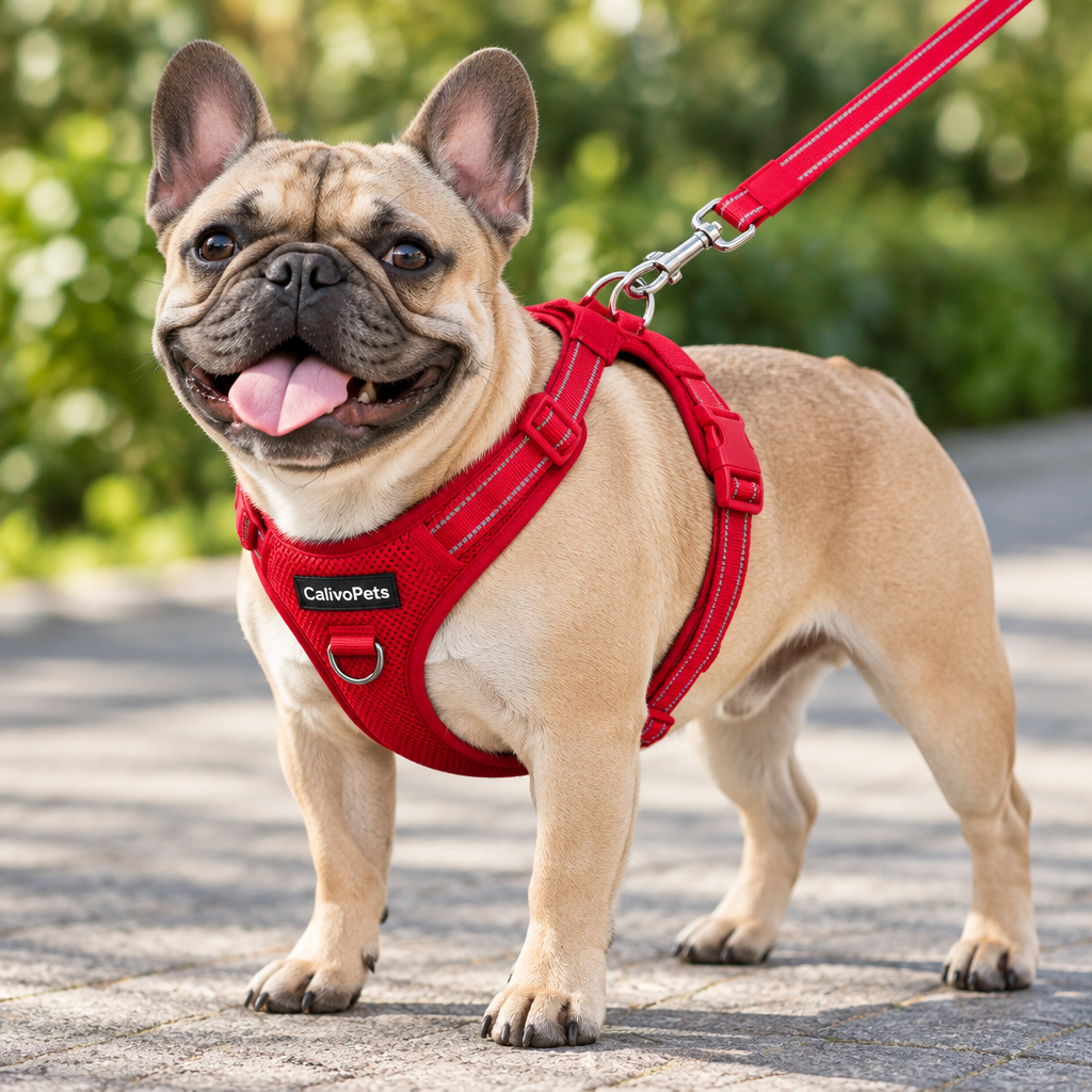 Red - small dog wearing the harness