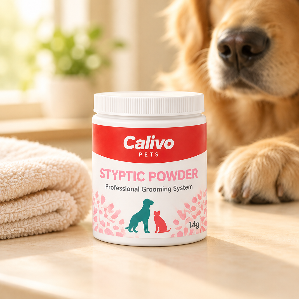 Calivo Styptic Powder tub on a table next to a golden retriever