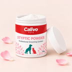 Calivo Styptic Powder tub with open lid and pink petals