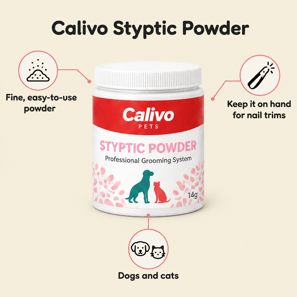 Calivo Styptic Powder features: fine powder, keep on hand for nail trims, dogs and cats