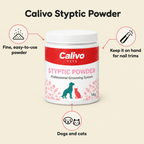 Calivo Styptic Powder features: fine powder, keep on hand for nail trims, dogs and cats