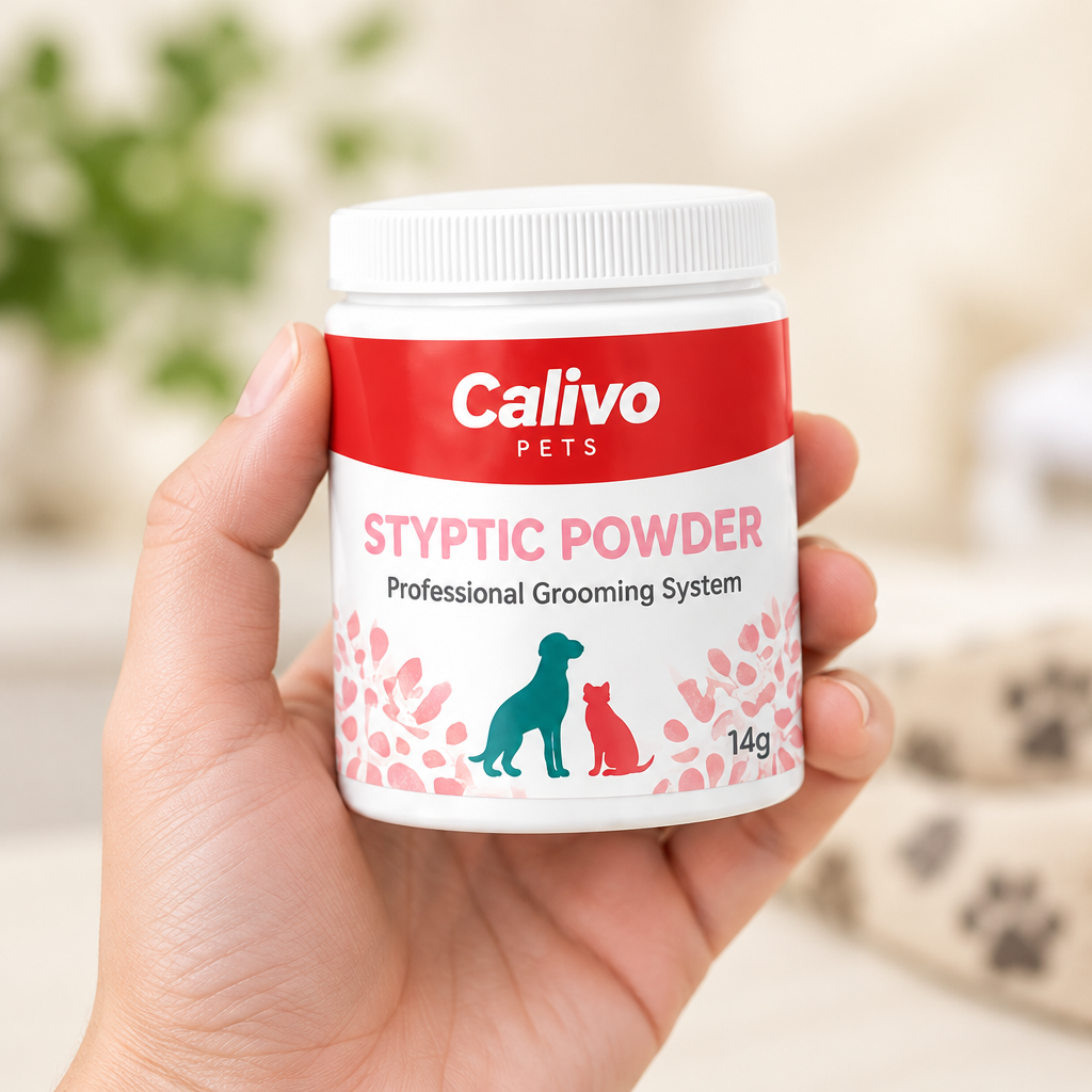 Hand holding the Calivo Styptic Powder 14g tub