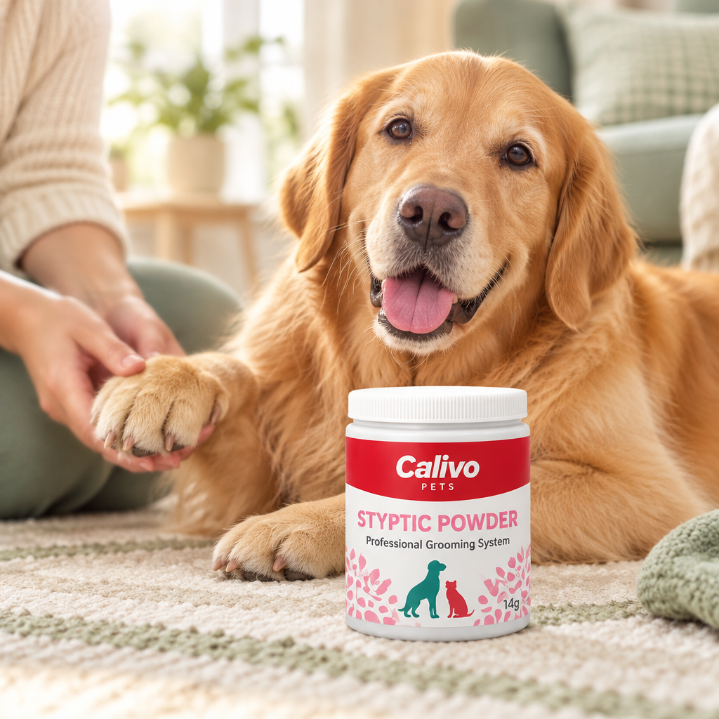 Happy golden retriever with Calivo Styptic Powder during a nail trim