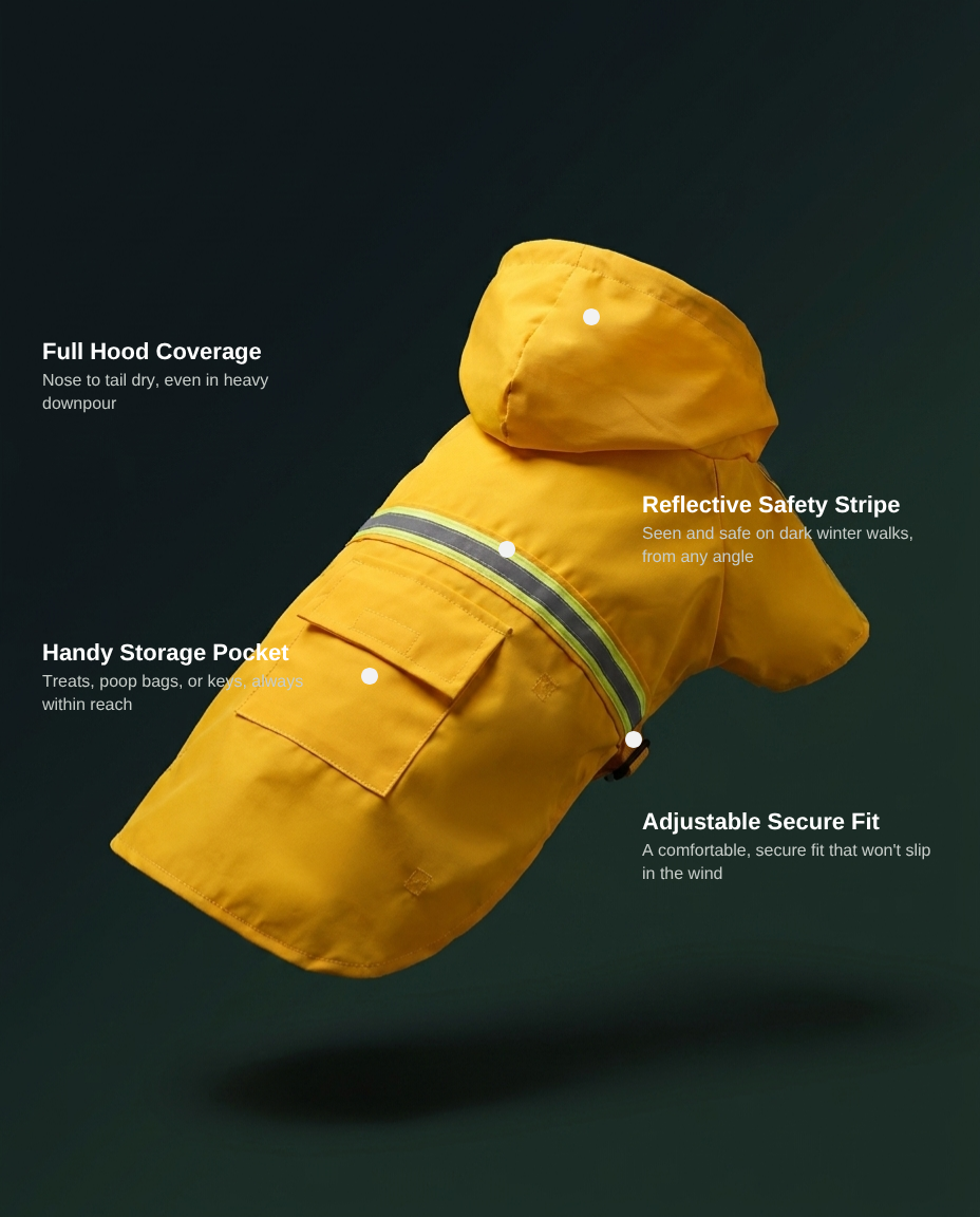 Dog wearing the Calivo Hi-Vis Dog Raincoat on a rainy walk