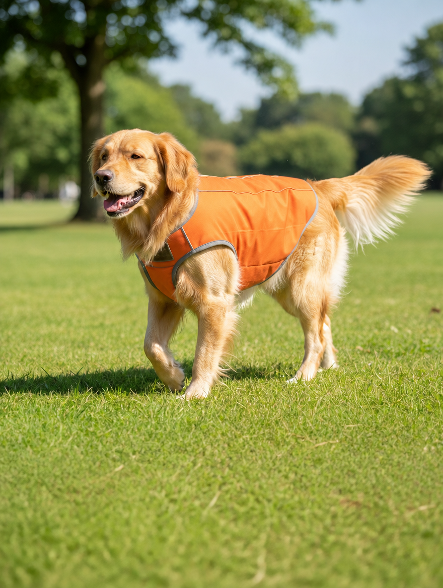 Dog wearing the Calivo Cooling Vest in orange